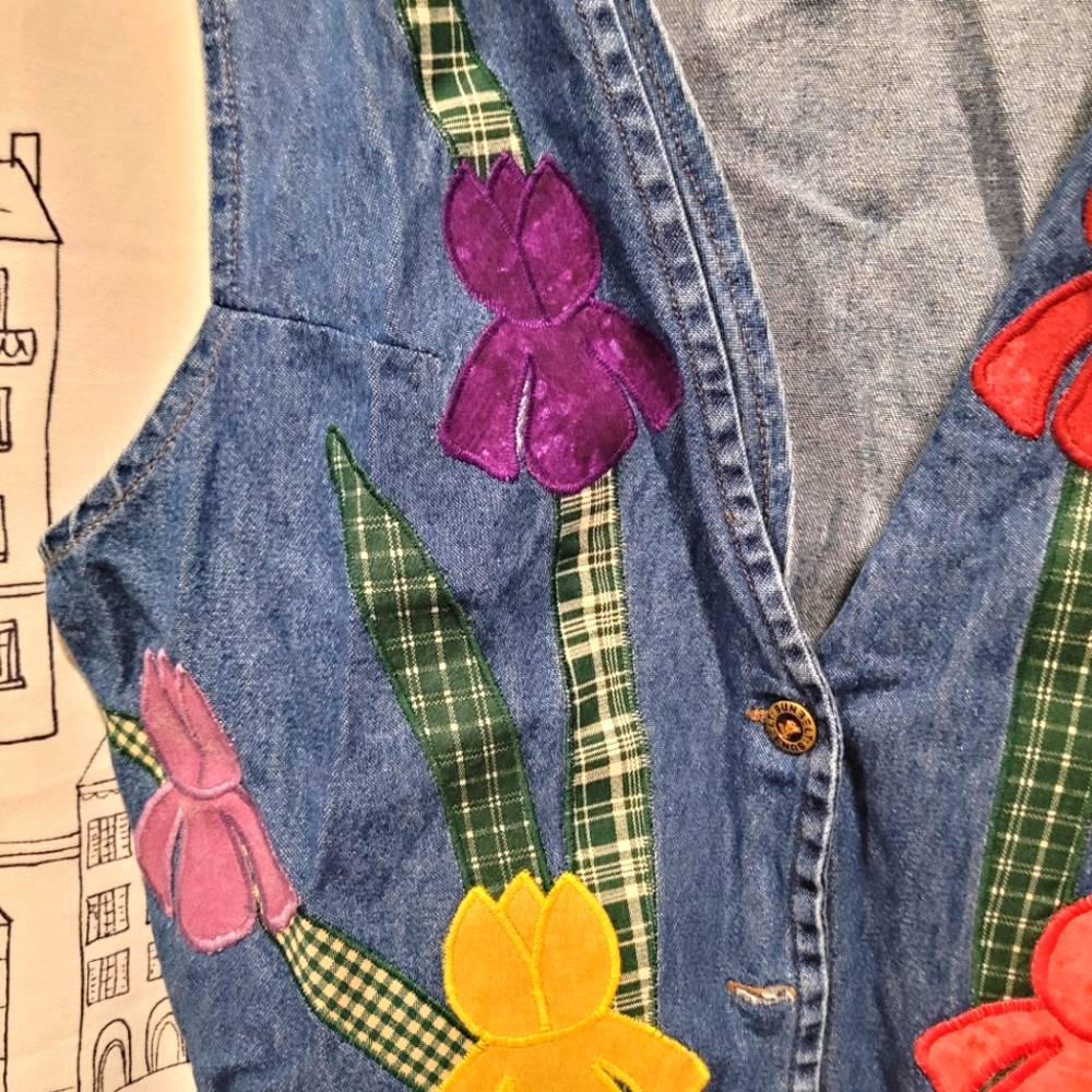 Vintage Sunbelt Denim Floral Applique Vest Large EUC - Picture 4 of 6